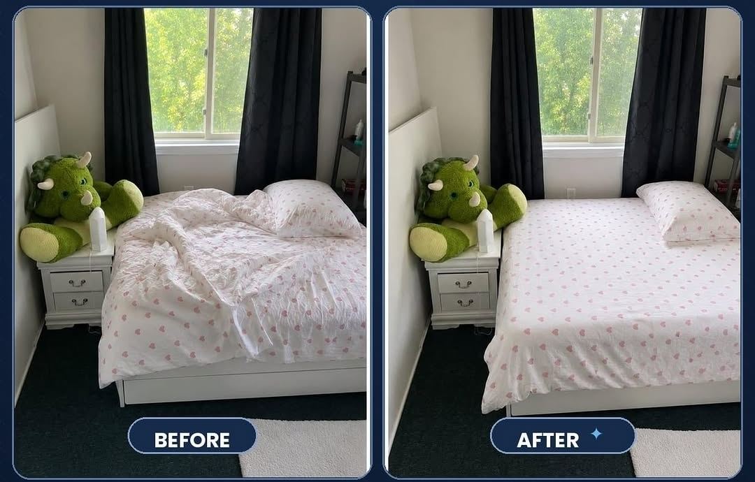 Bedroom tidy-up and bed making before and after by Abby Cleaning Co.