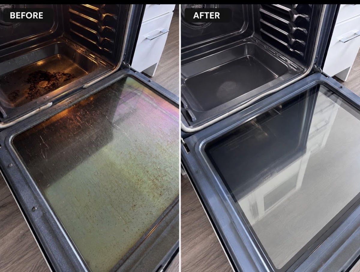 Before and after oven deep cleaning showing burnt grease fully removed